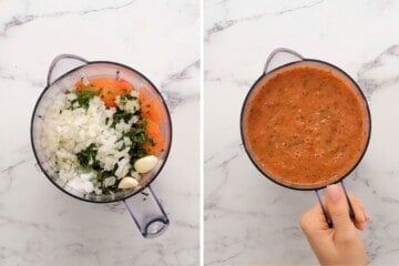 Side by side photo of a blender with ingredients for restaurant-style salsa before and after blending tomatoes with onions and cilantro.