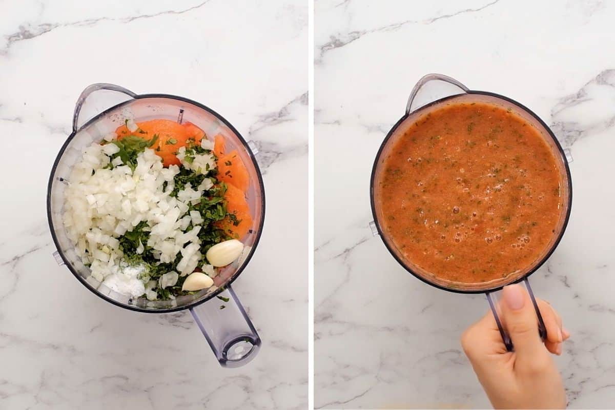Side by side photo of a blender with ingredients for restaurant-style salsa before and after blending tomatoes with onions and cilantro.