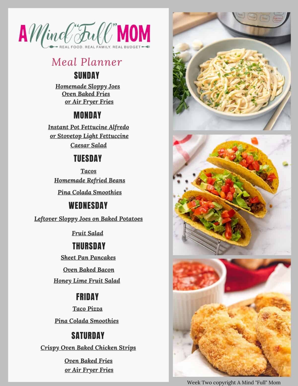 First page of meal plan with a meal for each day of the week.