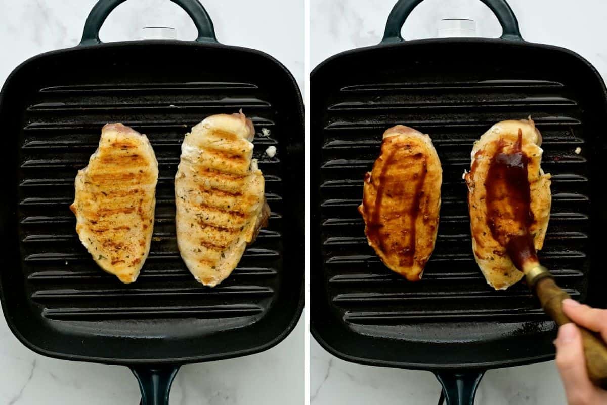 Side by side photo with grilled chicken breasts on grill pan before and after brushing with BBQ Sauce.