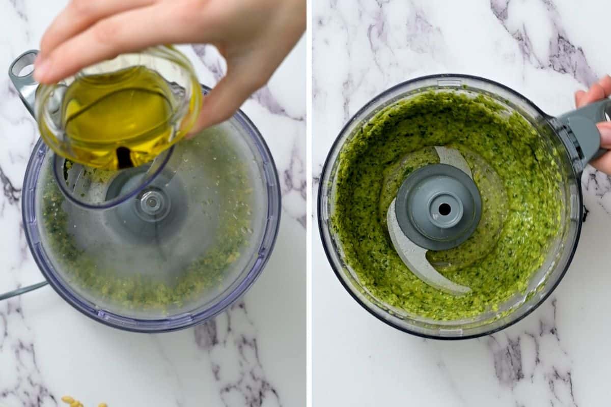 Side by side photo of food processor while adding oil through the shoot and after being processed together.