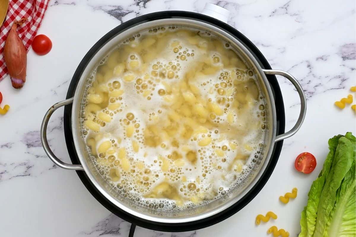 Large pot with pasta boiling in salted water.