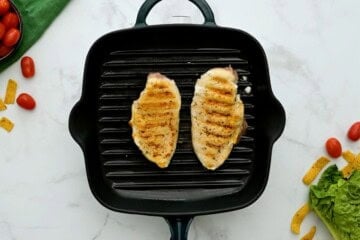 Grilled Chicken breasts on grill plate.