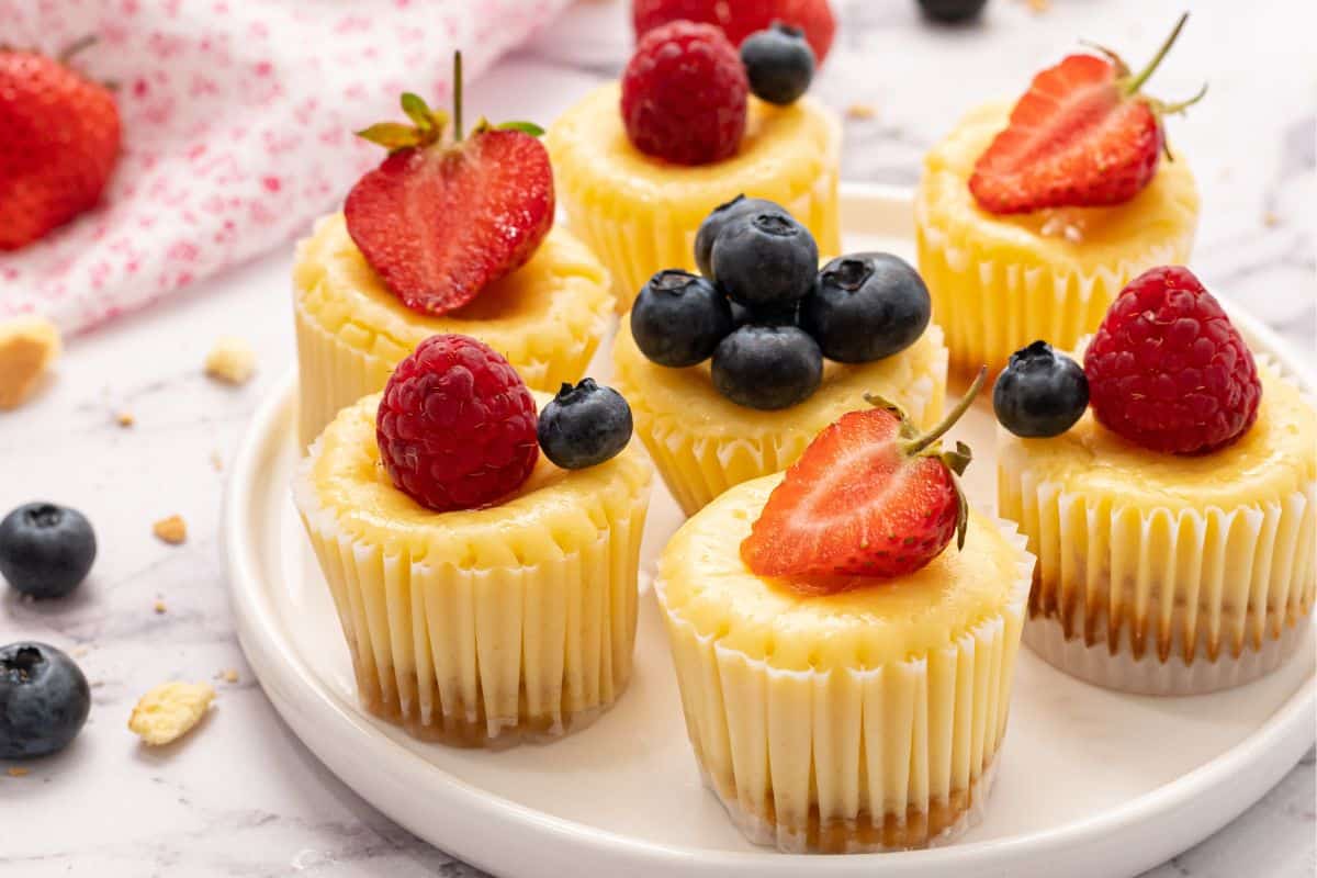 Mini cheesecakes on white plate topped with fresh fruit.