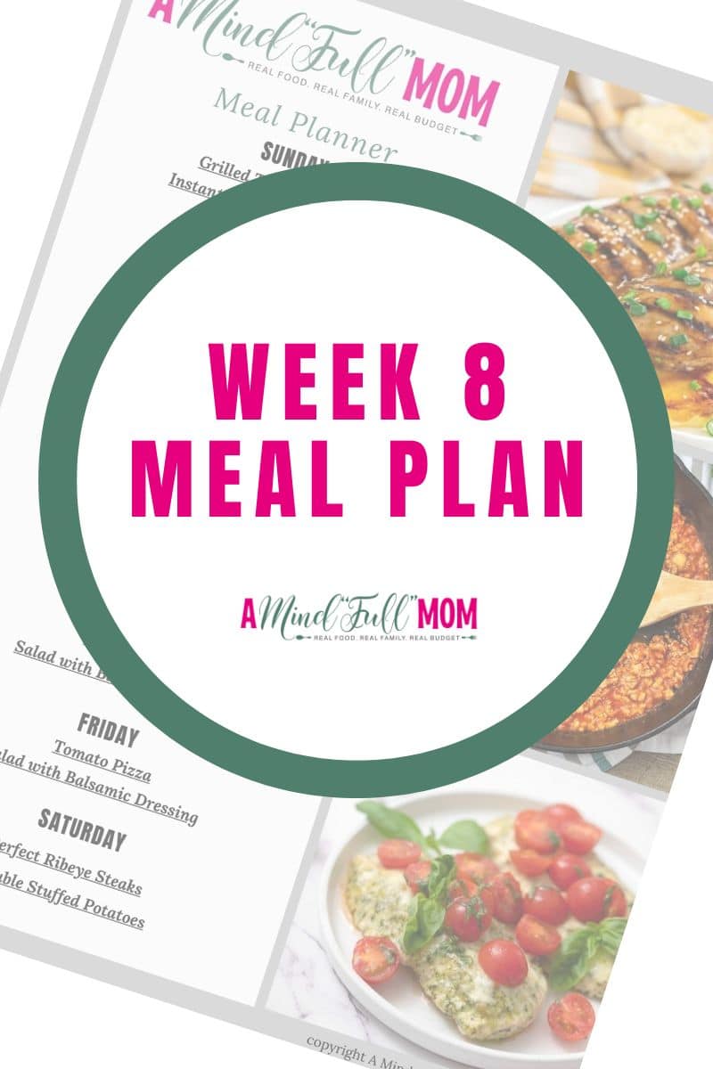 My Free Meal Plans will help you save time, money, and enjoy  wholesome, delicious meals!  Week Eight's Meal Plan is filled with easy chicken recipes perfect for summer and a delicious steak dinner!