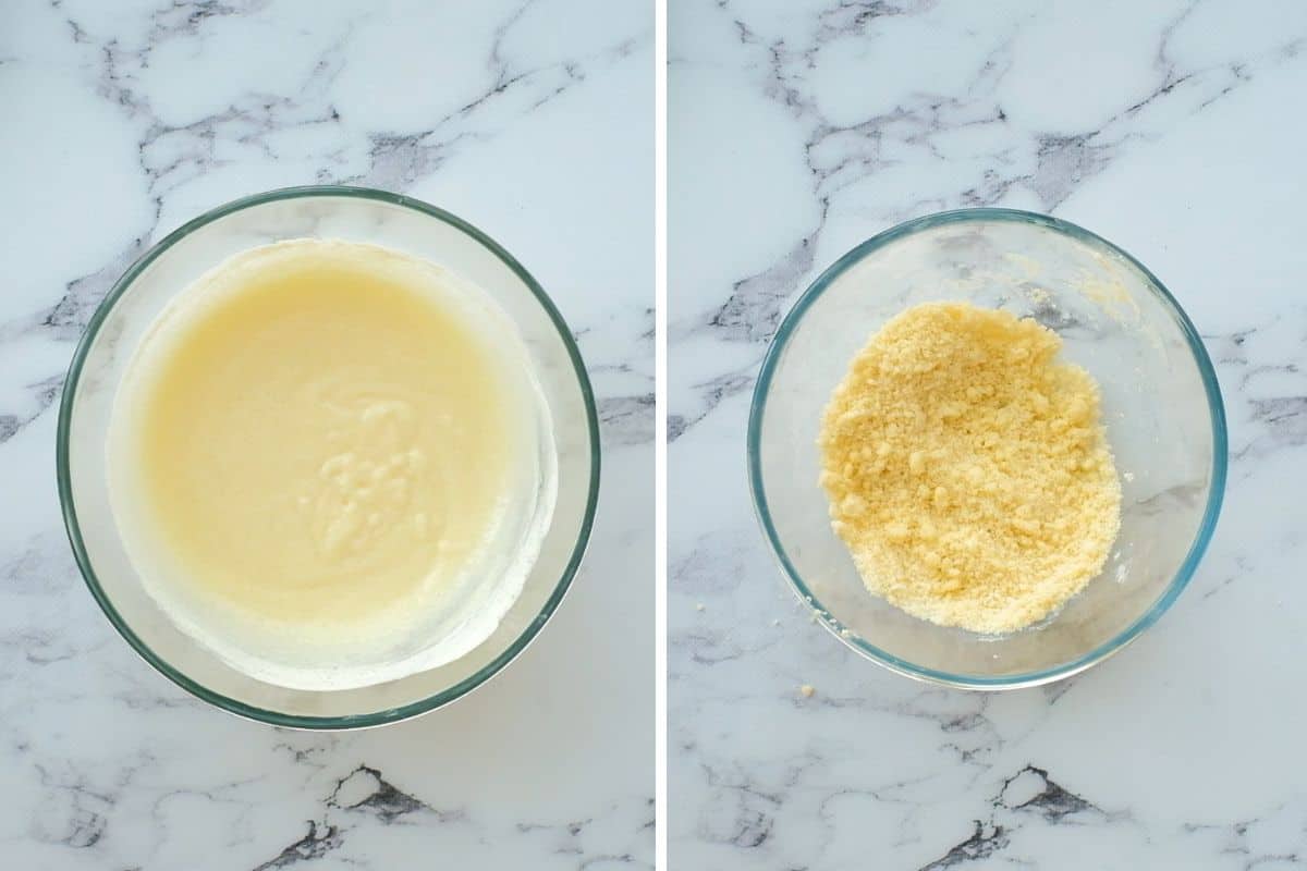 Side by side picture showing sour cream filling and butter crumble in mixing bowls.
