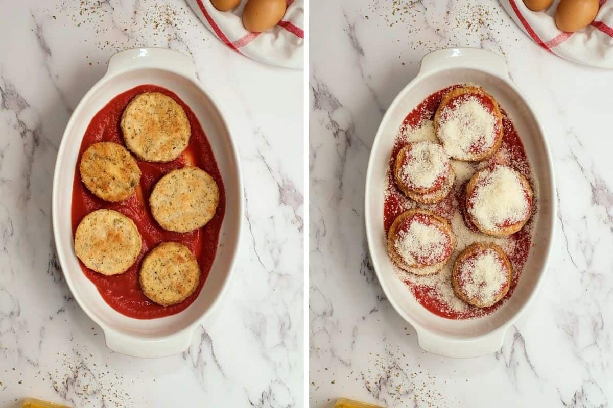 Side by side photos showing breaded eggplant in baking dish before and after being topped with marinara and parmesan cheese.