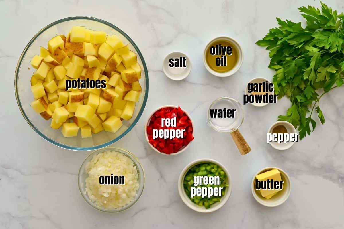 Ingredients for breakfast potato obrien labeled on counter.