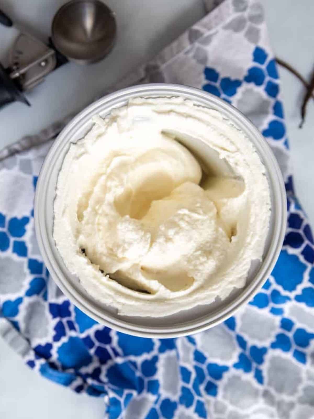 Churned vanilla ice cream in frozen ice cream base for ice cream maker.
