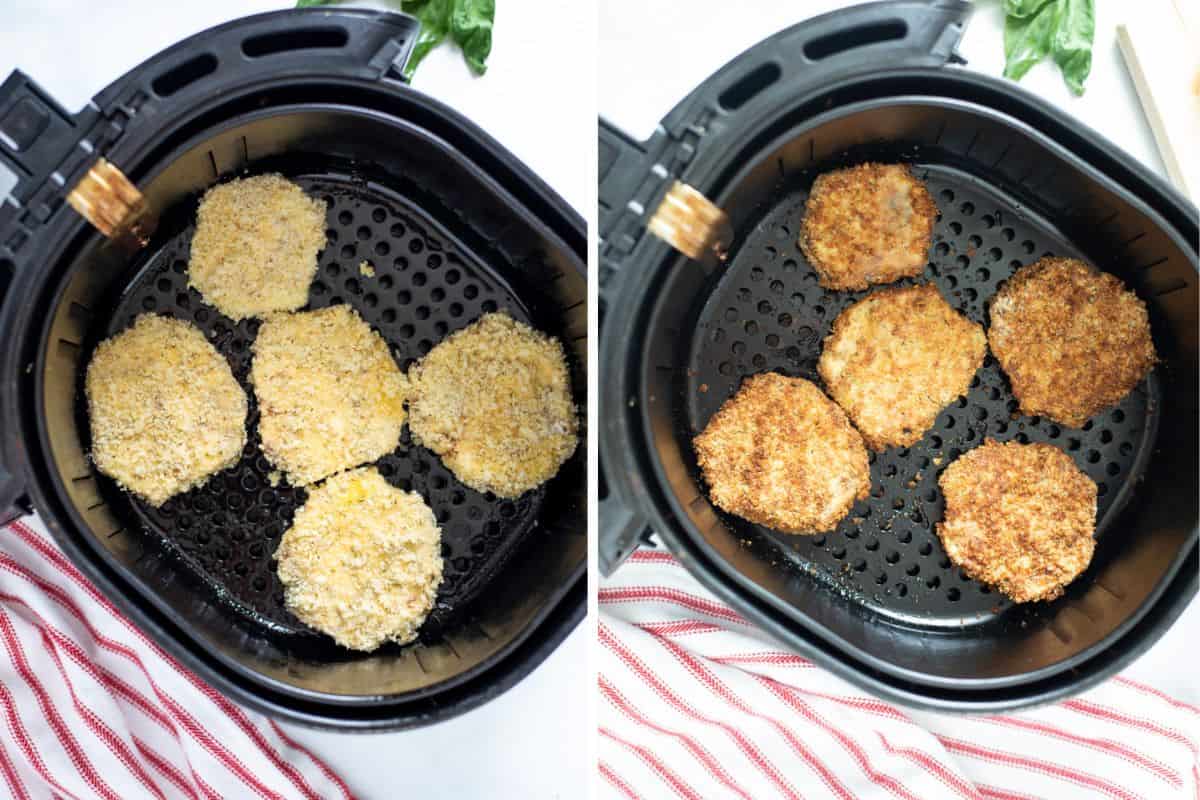 Side by side basket showing breaded eggplant in air fryer before and after air frying.