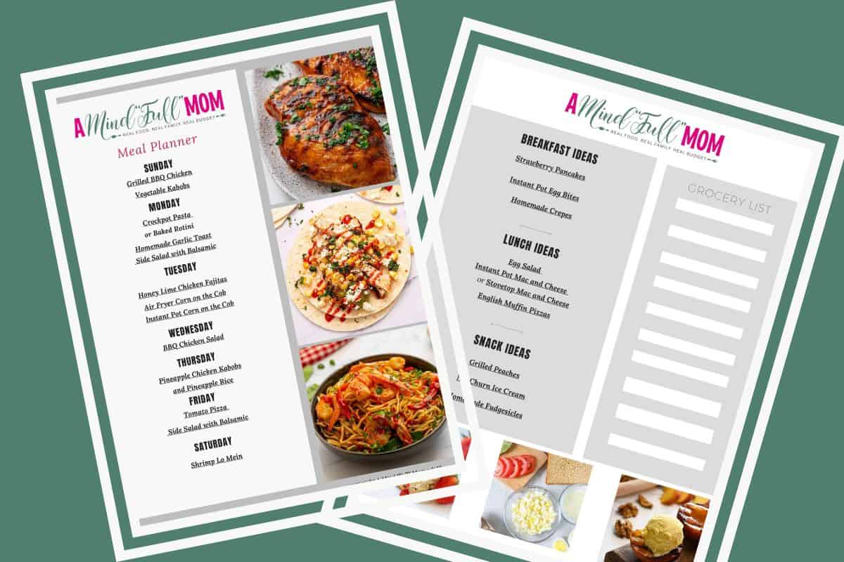 Side by side photo of meal plan of dinners and lunches.