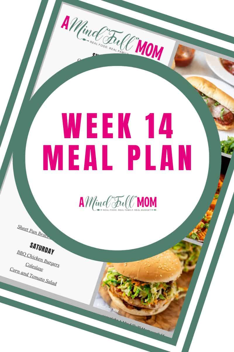 Collage showing meal plan with 7 dinner recipes and title text overlay that reads meal plan week 14.