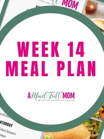 Collage showing meal plan with 7 dinner recipes and title text overlay that reads meal plan week 14.
