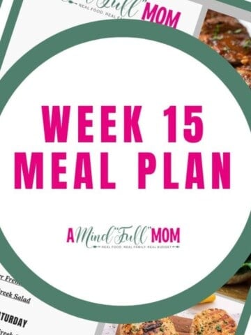 Collage of meals for the week with title text overlay that reads week 15 meal plan.