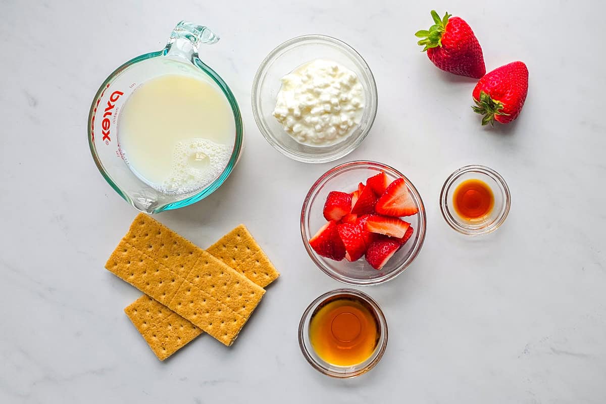 Ingredients for cottage cheese smoothie on counter.