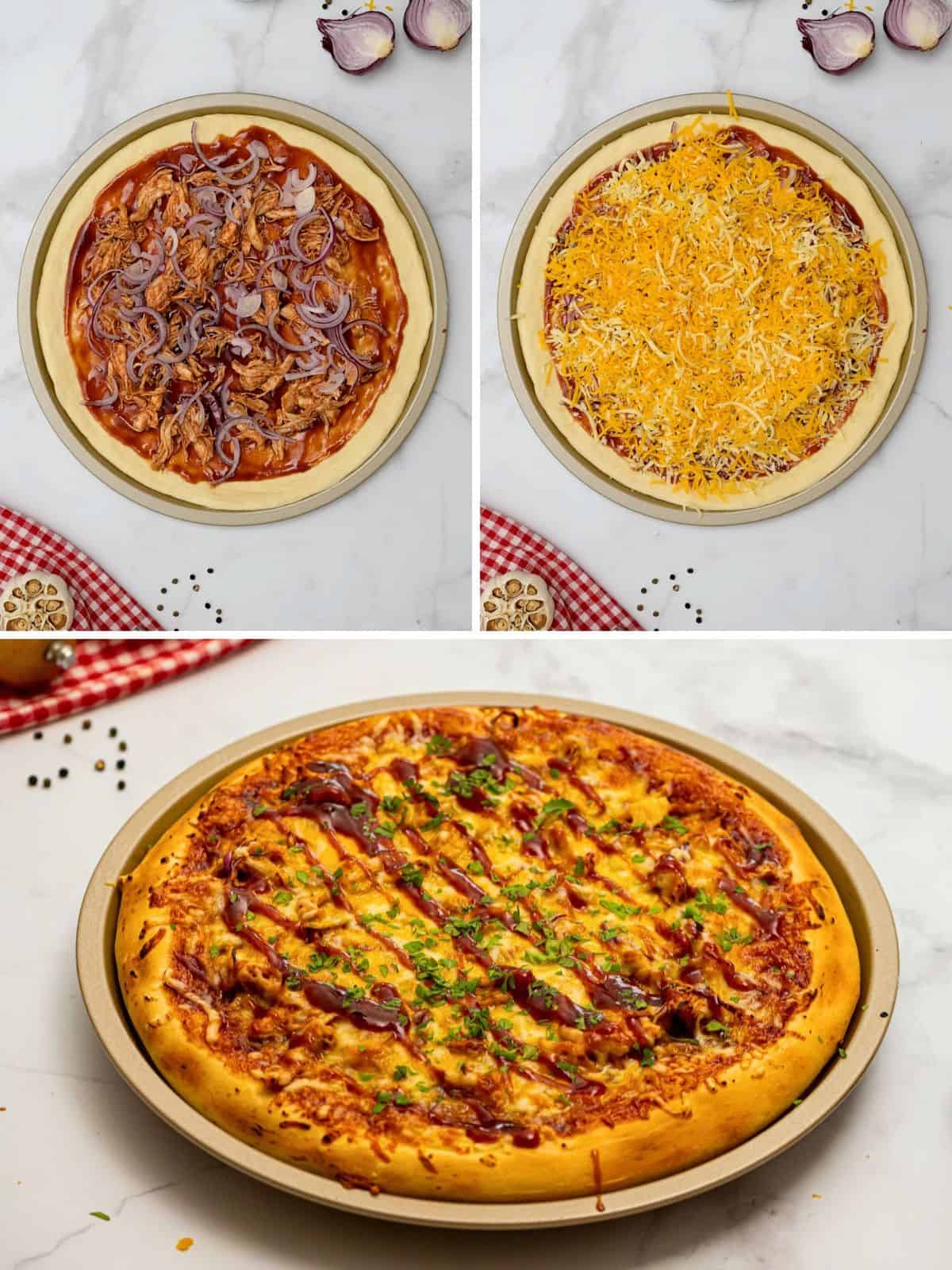 A collage of 3 photos showing pizza dough with chicken, BBQ sauce, and onions, then topped with cheese, then after baking. 