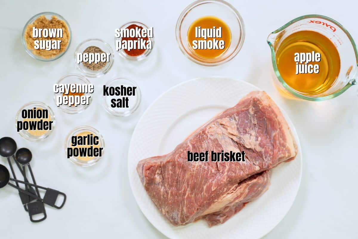 Ingredients for Instant Pot Brisket on counter with labels.