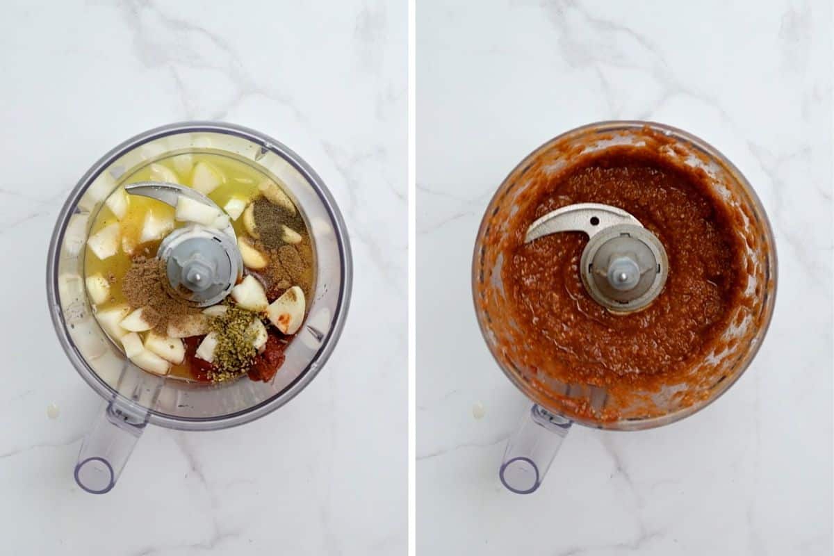 Two photos side by side showing ingredients for al pastor marinade before and after processing in the food processor.