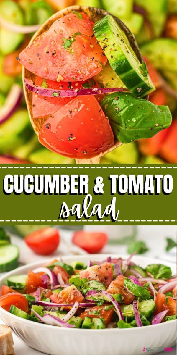 Cucumber Tomato Salad is the definition of easy food done right! This delicious cucumber and tomato salad features juicy tomatoes, sharp red onions, crisp cucumbers, and a light and tangy dressing. It is perfect for entertaining, a BBQ, or a summer dinner at home! 