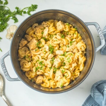 Pasta in staub dutch oven in a creamy parmesan sauce with chicken topped with parsley.