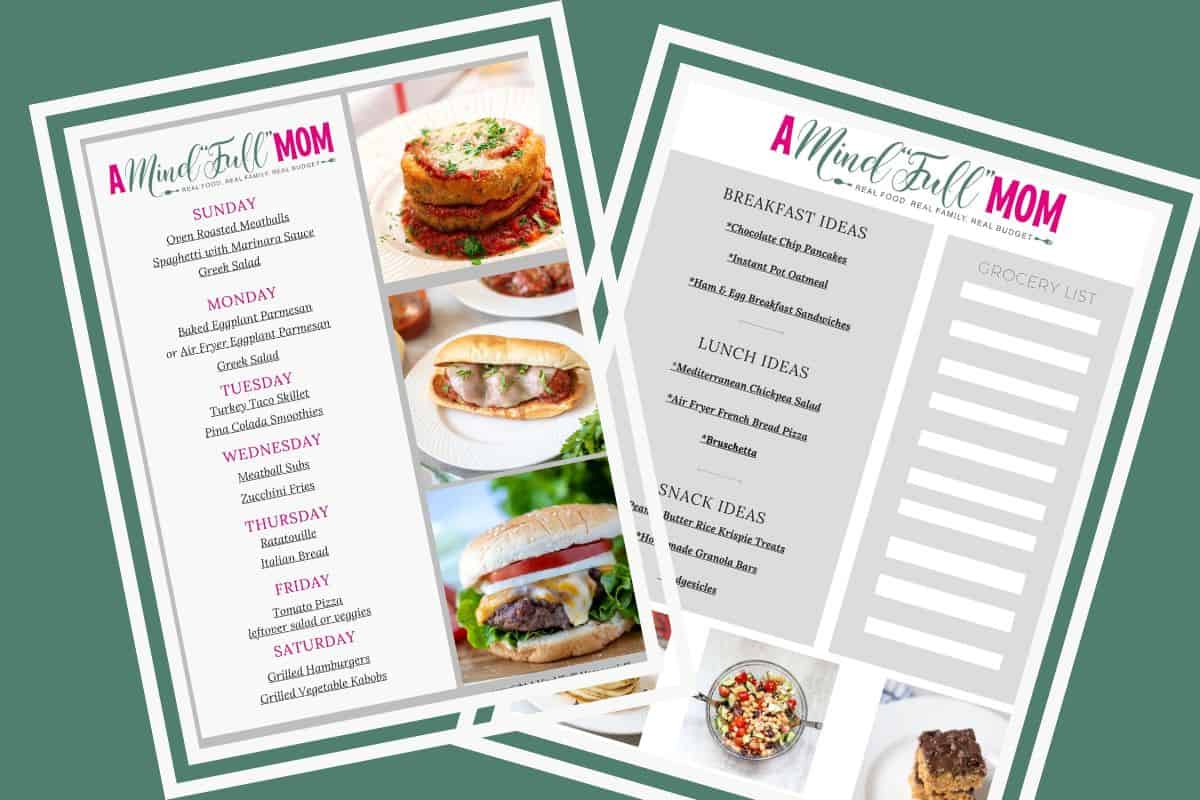 Side by side photo of meal plans for the week that show dinners, lunches, breakfast.