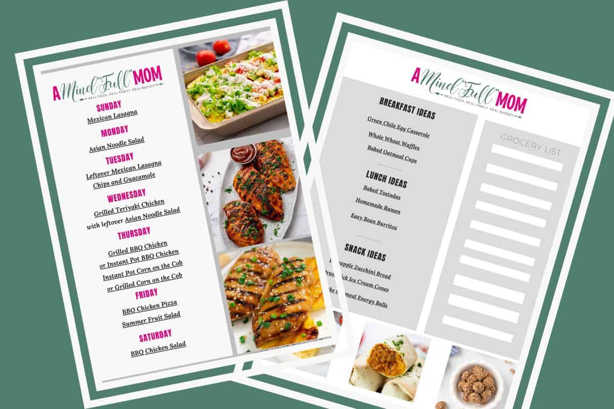 Side by side photo of meal plans for the week that show dinners, lunches, breakfast.