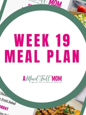 Collage of meals for the week with title text overlay that reads week 19 meal plan.