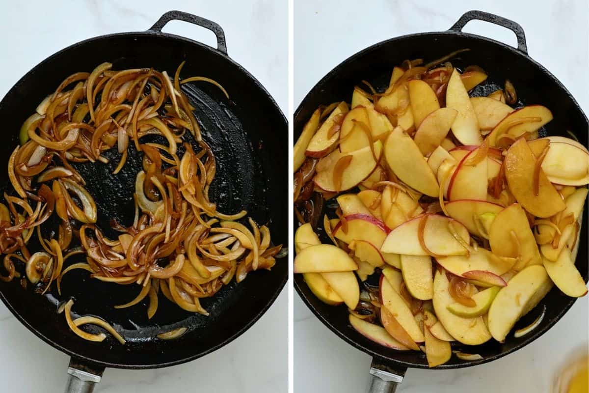 Side by side saute pan showing caramelized onions before and after adding sliced apples.