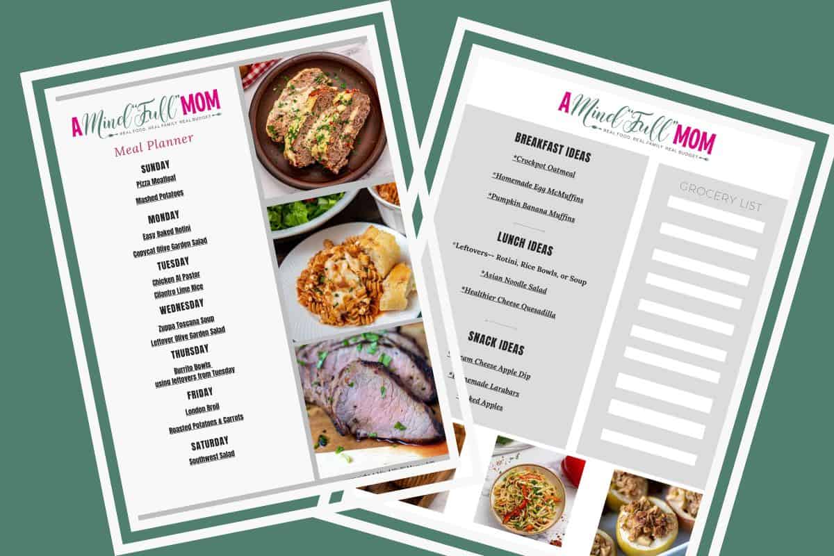 Collage showing photos of meal plans for dinner, breakfast, lunch, and snacks.