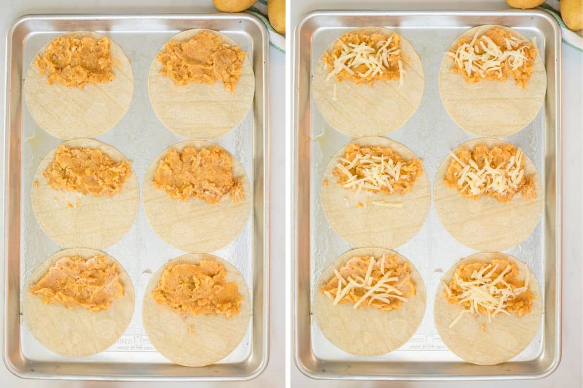 Side by side photo showing 6 corn tortillas on baking sheet layered with seasoned potatoes and then topped with cheese.