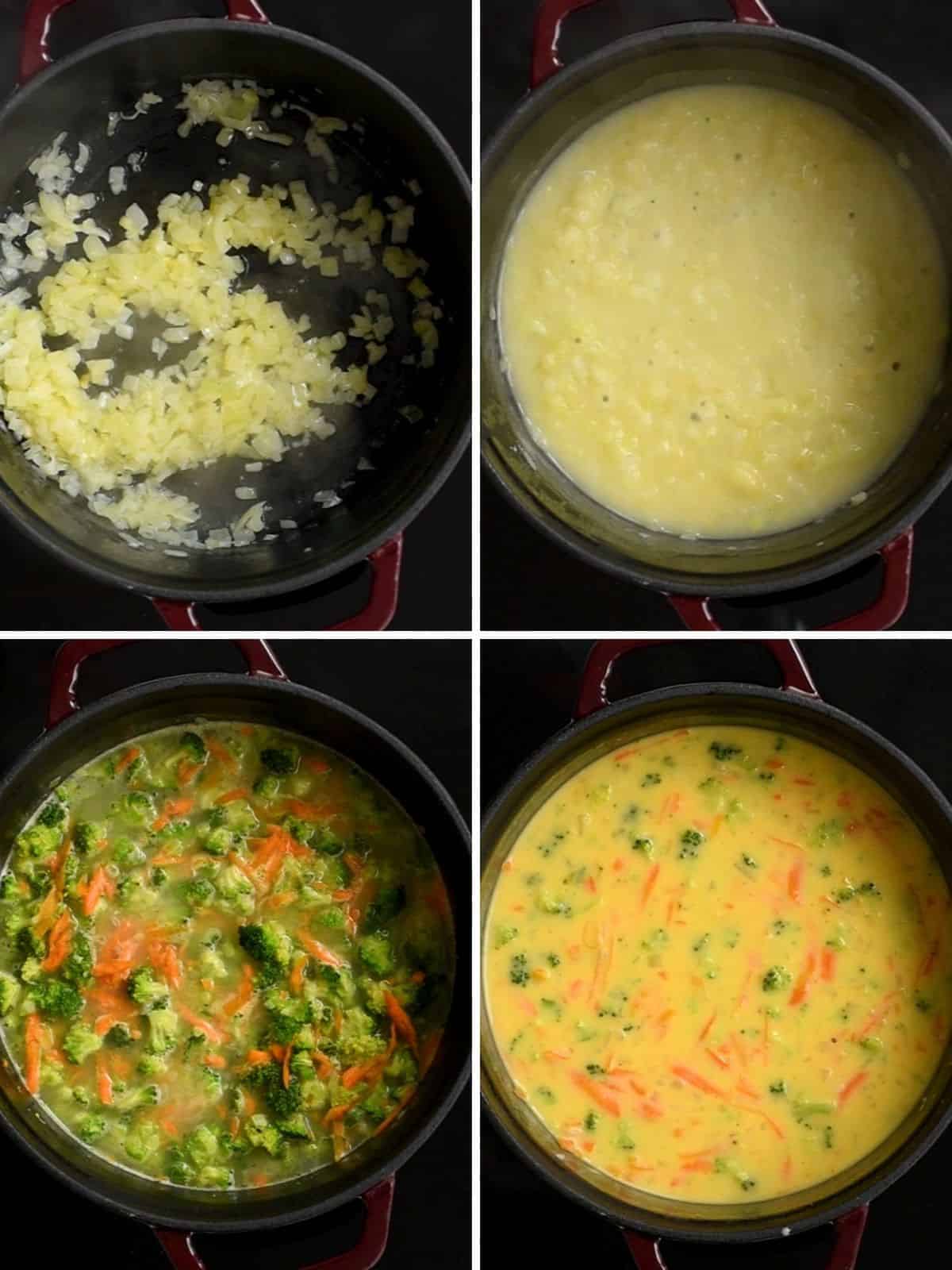 Collage of four photos showing stock pan with sauteed onions, roux, broth with broccoli and carrots, and broth with cheese.