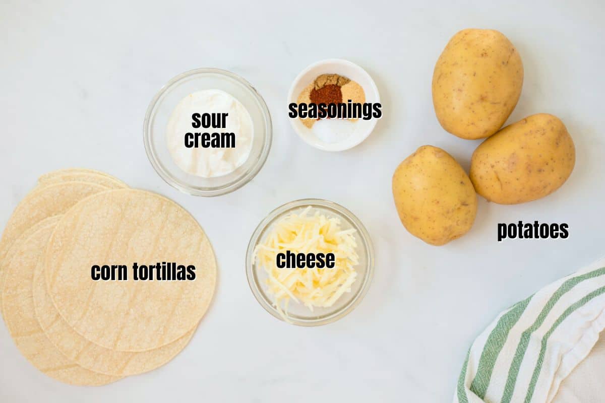 Ingredients labeled for potato tacos on counter.