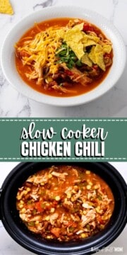 Collage of photos for crockpot taco chili with title text overlay that reads Slow Cooker Chicken Chili.