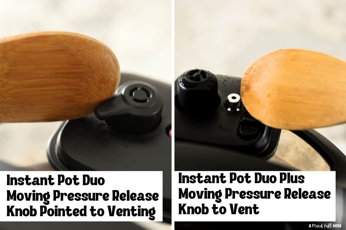 Side by side photos showing how to release pressure on Instant Pot Duo and Instant Pot Duo Plus.