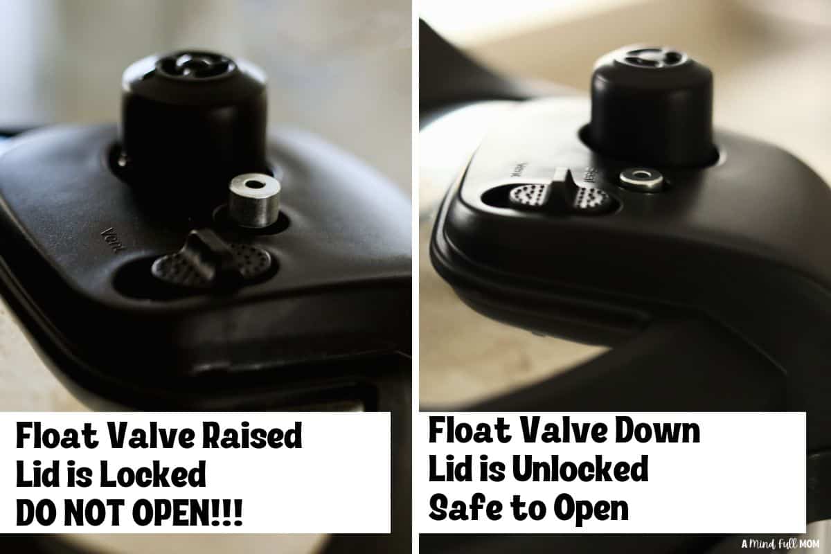 Side by side photo showing float valve raised and down with text to indicate when lid is locked and when lid on Instant Pot safe to open.