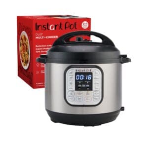 6-quart Instant Pot on counter next to red box.