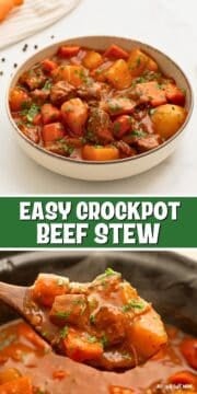 Photo collage of beef stew in serving bowl topped with parsley and coming out of slow cooker with text that reads Cozy Crockpot Beef Stew.