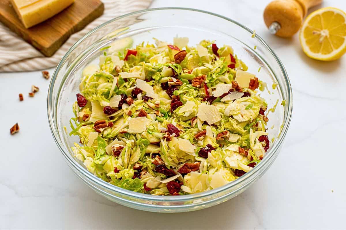 Favorite Brussels Sprouts Salad Large mixing bowl with shaved Brussels Sprouts tossed with honey lemon dressing, diced apples, dried cranberries, shaved parmesan, and chopped toasted pecans.
