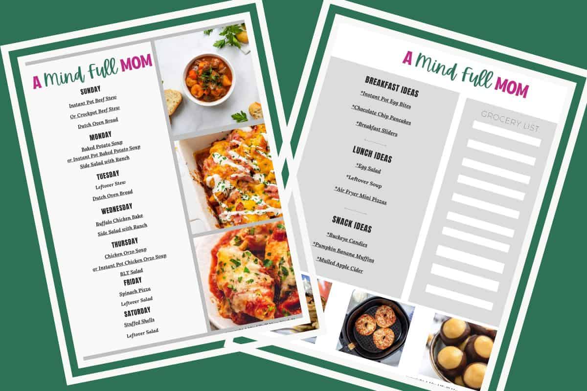 7 Day Meal Plan Photos showing meal plans with dinners, breakfast, lunch, and snack ideas.