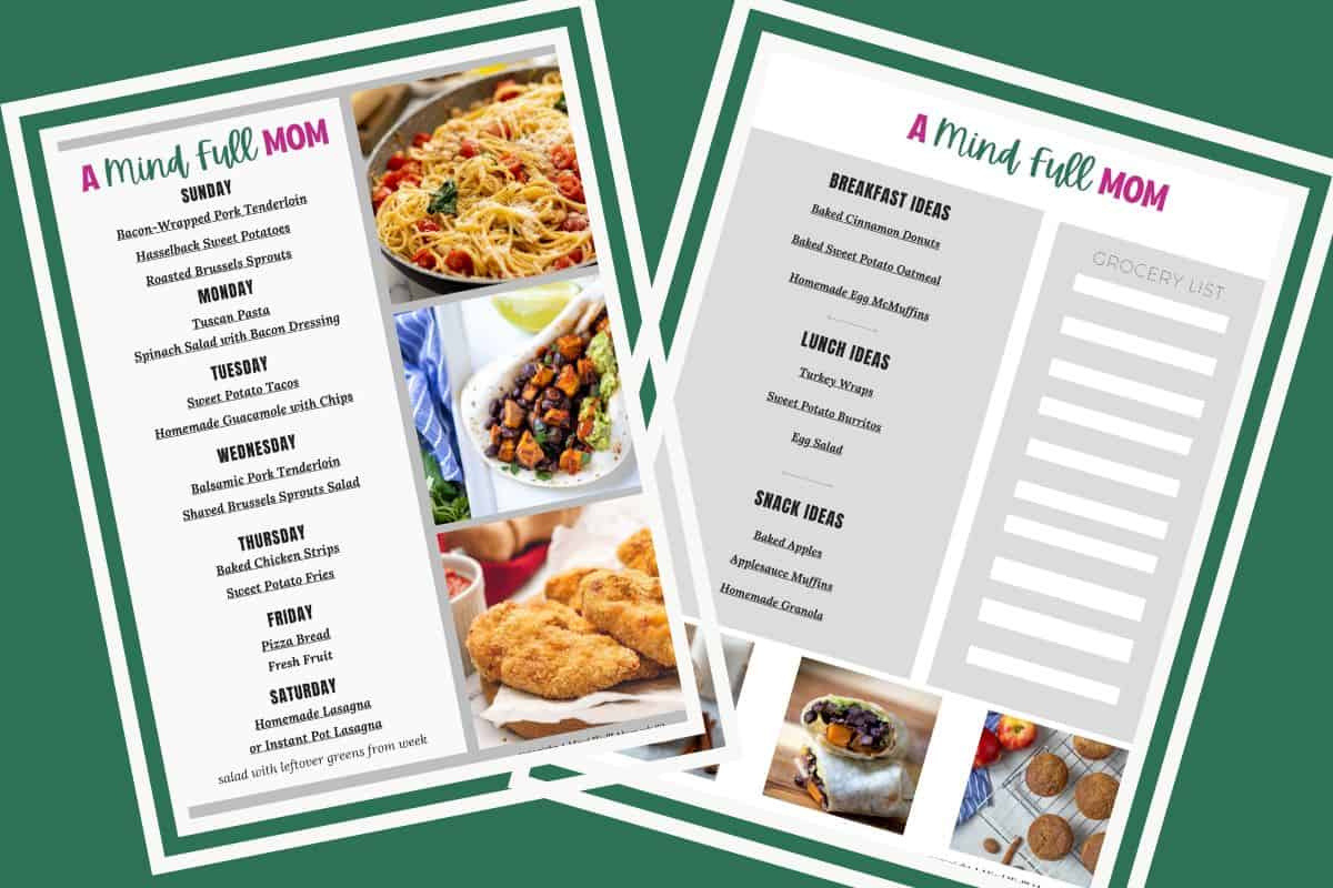 7-Day Meal Plan for Busy Families Photos showing meal plans with dinners, breakfast, lunch, and snack ideas.