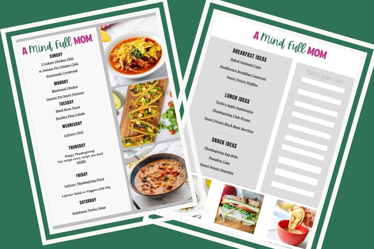 7-Day Meal Plan for Busy Families Photos showing meal plans with dinners, breakfast, lunch, and snack ideas.