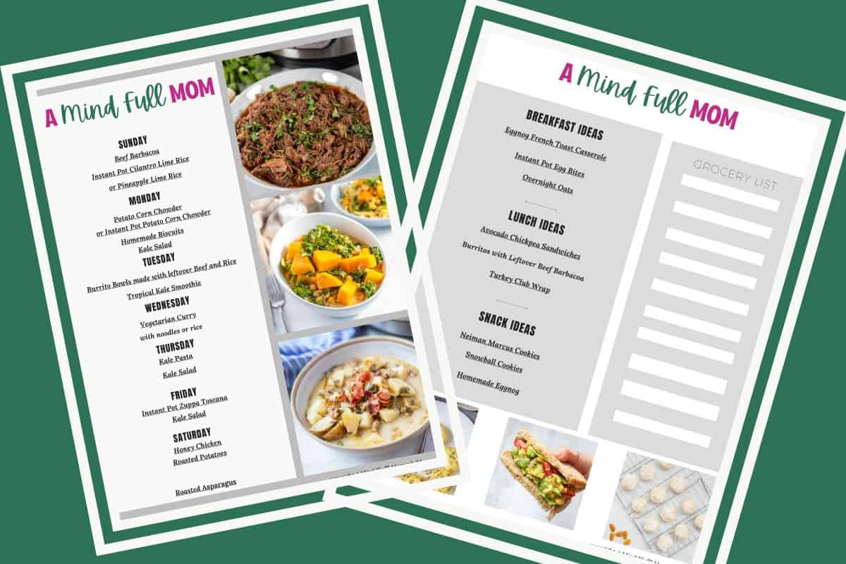 7-Day Meal Plan for Busy Families Photos showing meal plans with dinners, breakfast, lunch, and snack ideas.