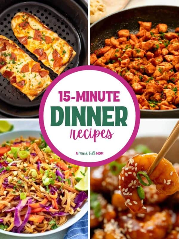 Collage of four easy dinners with title text overlay that reads 15-Minute Dinner Recipes.
