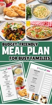 Collage of photos showing meals for week and copy of meal plan with text that reads Budget Friendly Meal Plan for Busy Families.