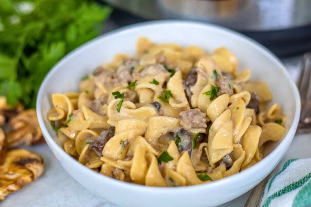 Instant Pot Family Dinner Recipes Tender egg noodles, savory ground beef, and a creamy sauce in white bowl next to Instant Pot.