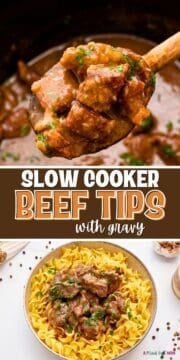 Collage of photos showing beef tips cooked in slow cooker and served over egg noodles with text overlay that reads slow cooker beef tips with gravy.