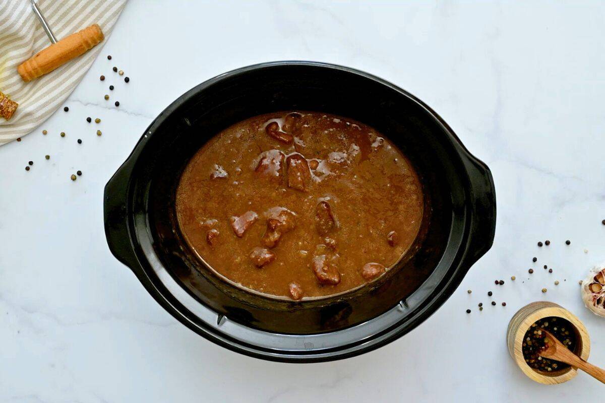 Crockpot Beef Tips with Gravy Slow cooked beef tips with gravy after thickening with cornstarch mixture.
