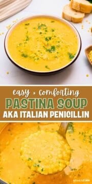 Collage of photos showing Italian Penicillin Soup with small pasta in soup bowl and pot with text overlay that reads easy and comforting Pastina Soup aka Italian penicillin.