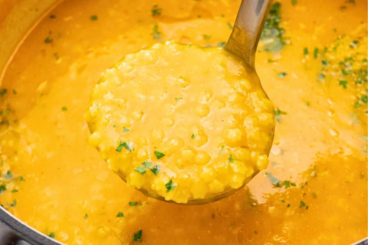 Soup Recipes for Winter Nights Ladle of Italian Pastina Soup coming out of soup pot with perfectly cooked small star pasta.
