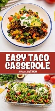 Collage of taco bake made with ground beef, beans, and corn topped with lettuce, sour cream, and olives with title text overlay that easy taco casserole.